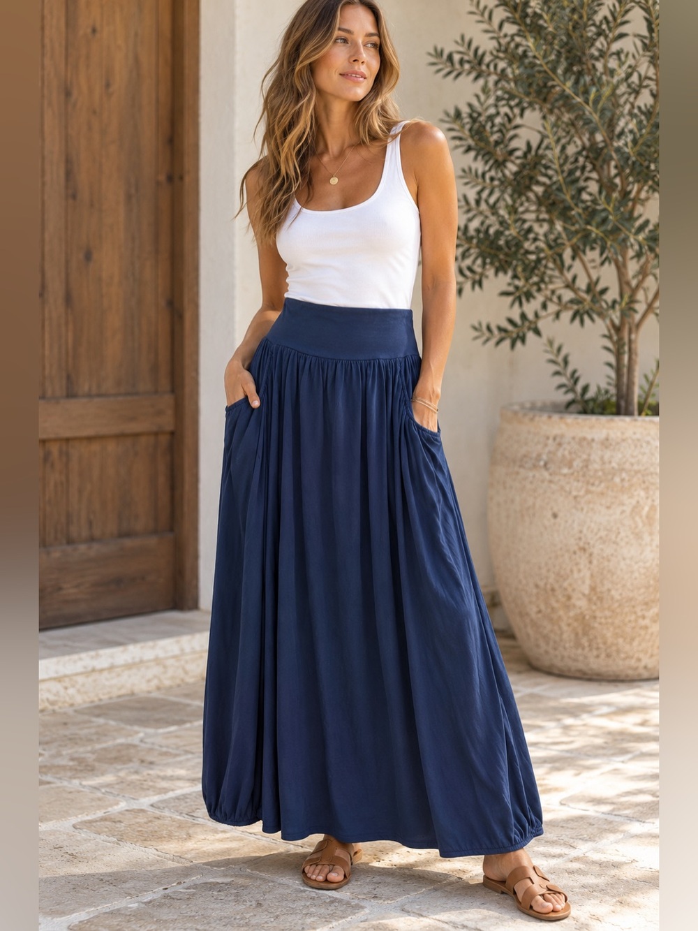 Garnet Hill Favorite Maxi Skirt XL Navy Blue Cotton Modal Flowy Pockets Boho